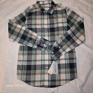Cat & Jack Full Button Up Dress Shirt Size X-Large(16) Green/Navy Plaid New
